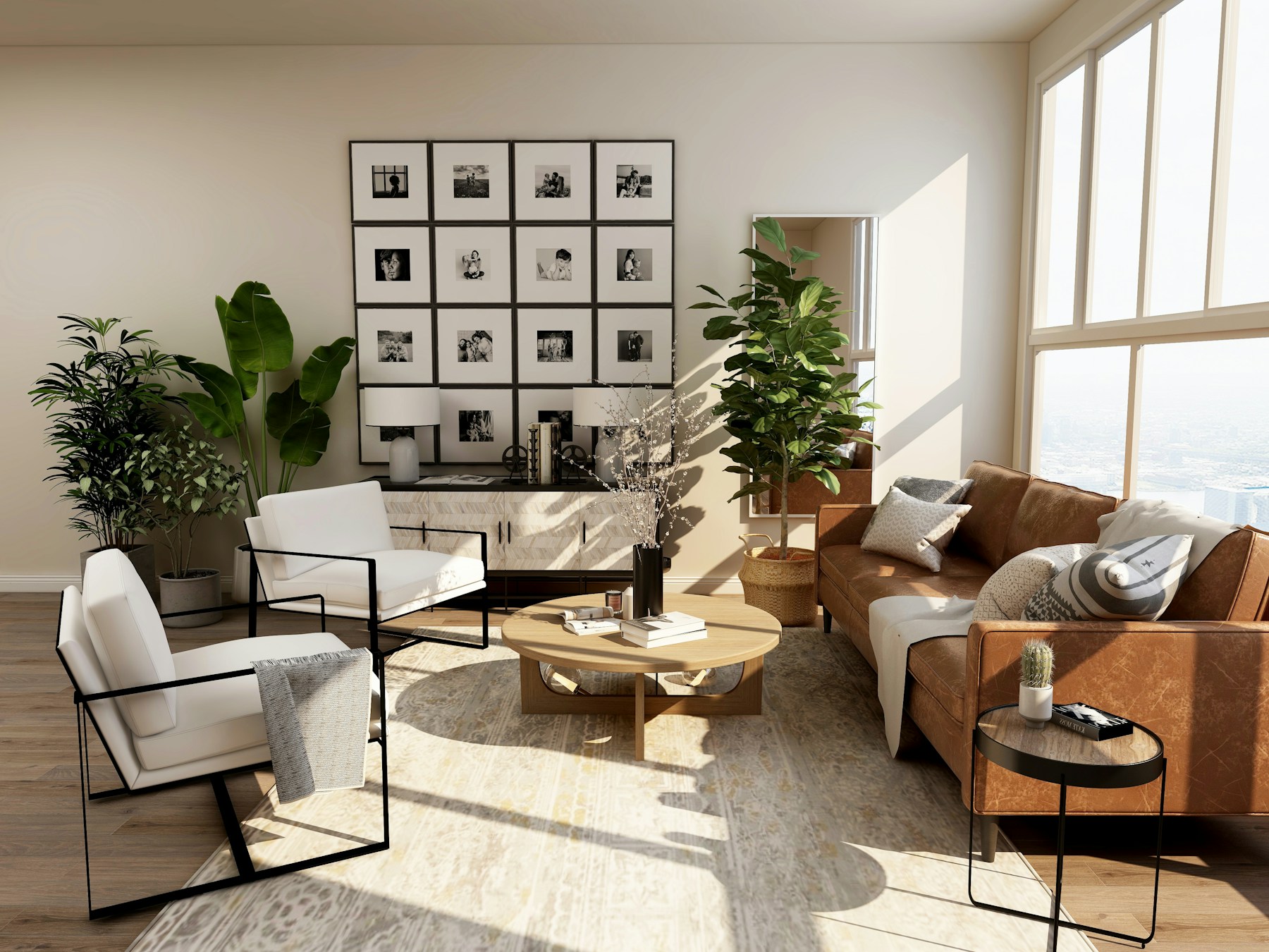 Light-filled room with elegant installed wallpaper