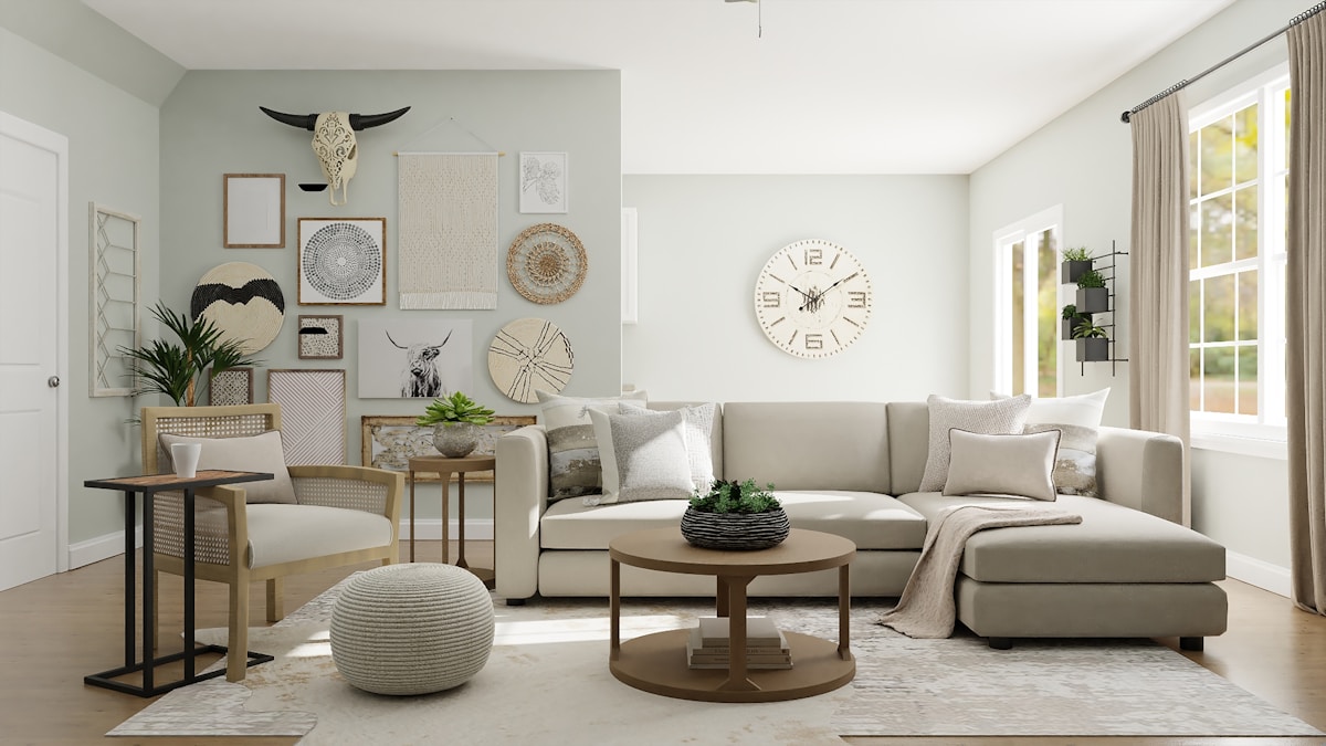 Living room with designer geometric wallpaper