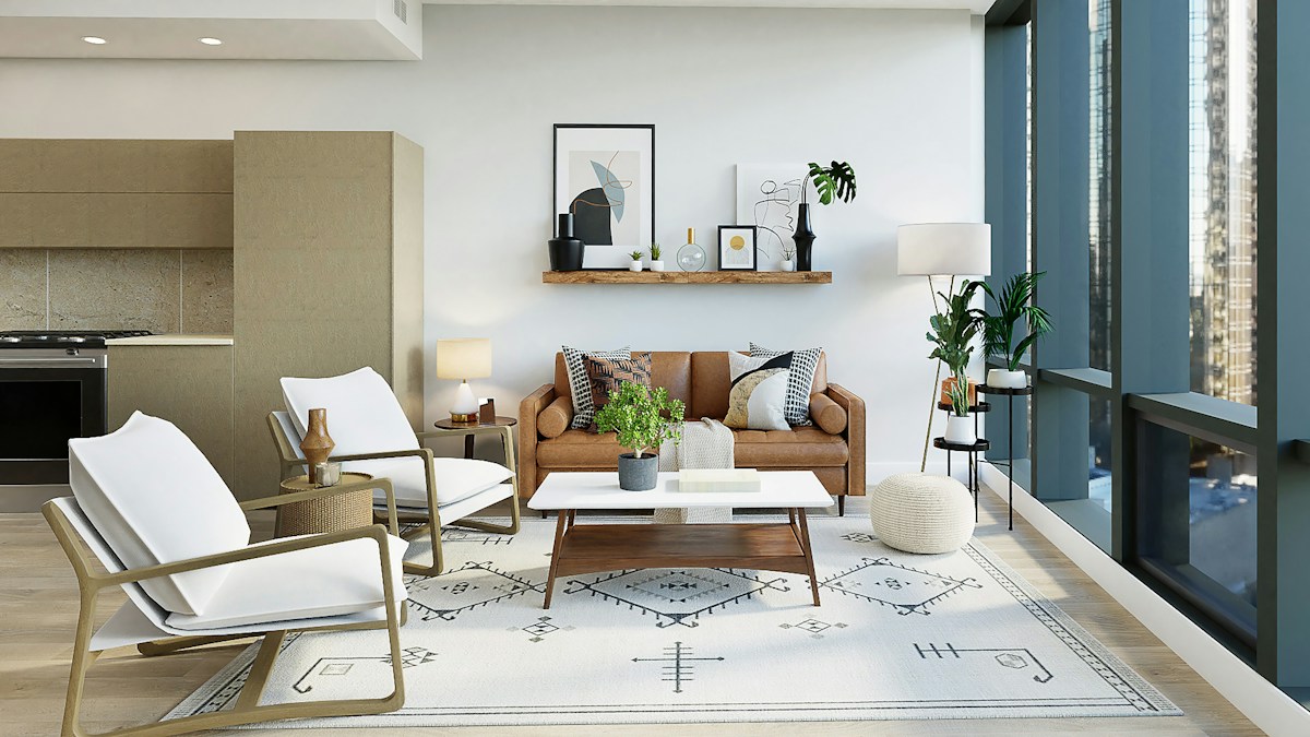 Warm modern interior with finished wallcovering